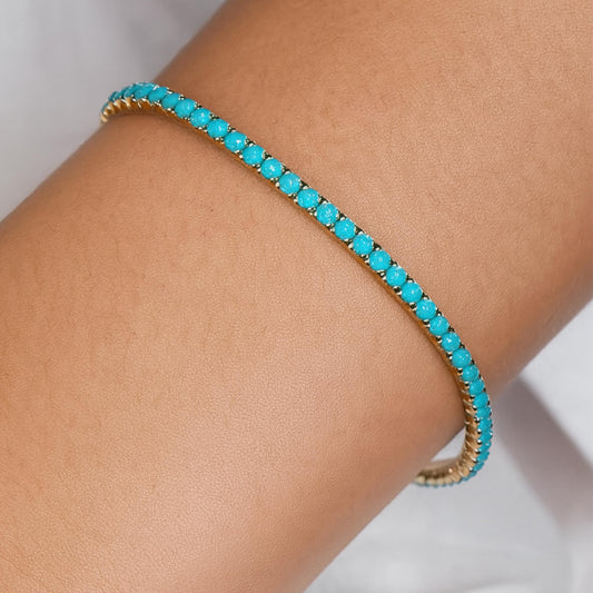 Turquoise Tennis Bracelet | 3mm Stones | 18K Gold Yellow Plated | 6.3", 7" or 8" Inch