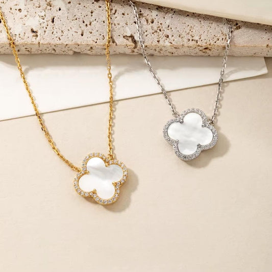 Mother of Pearl 4-Leaf Charm CZ Halo Pendant Necklace